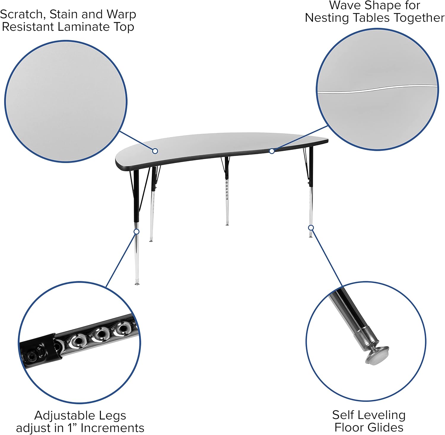 Flash Furniture Emmy 2 Piece 86" Oval Wave Flexible Grey Thermal Laminate Activity Table Set - Standard Height Adjustable Legs | Height Adjustable, Flexible, Durable Construction, Commercial Use