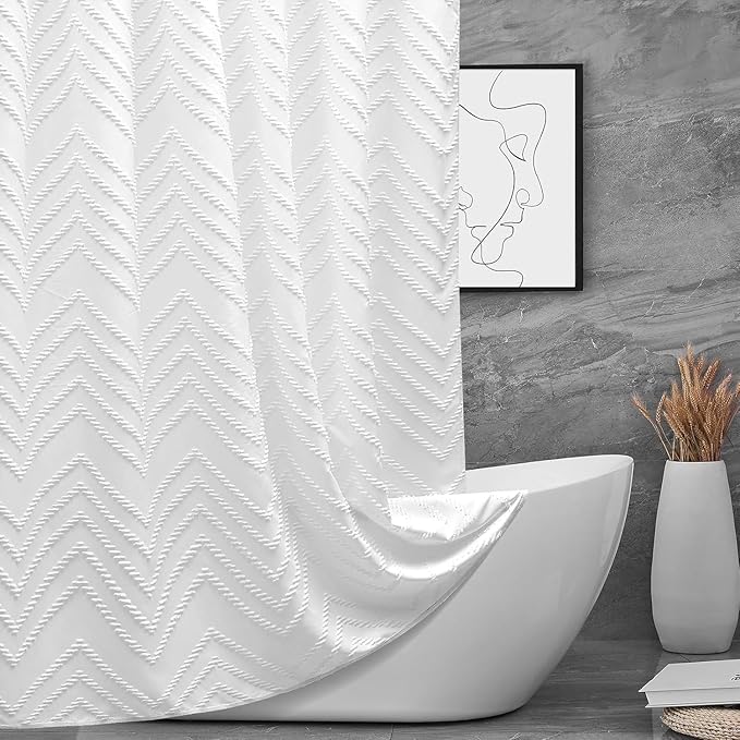 White Boho Fabric Shower Curtain 60 x 72 Modern Shabby Chic Textured Tufted Chevron Striped Minimalist Cloth Bathroom Shower Curtain