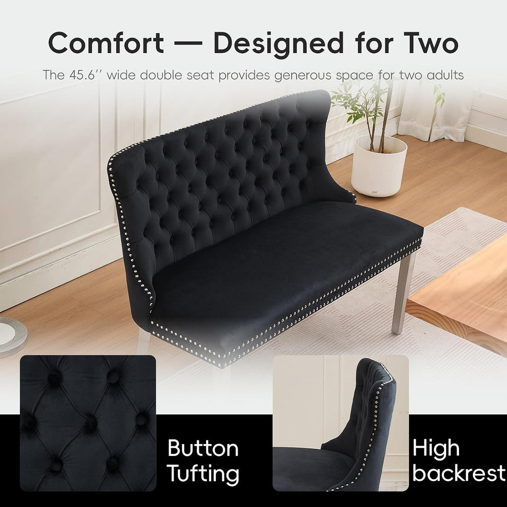 Black Velvet Dining Bench, Tufted Upholstered Dining Loveseat | Wing Back Seating with Silver Stainless Steel Legs, Modern Dining Room Furniture