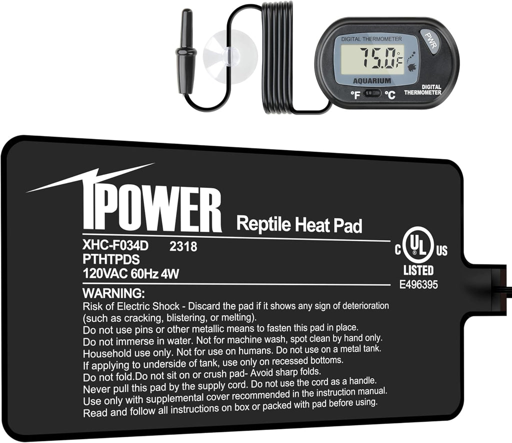 iPower 4 by 7-Inch 4W Reptile Heat Mat, LCD Digital Aquarium Thermometer, Under Tank Warmer Terrarium Heat Pad for Turtles Lizards Frogs and Other Small Animals, Multi Sizes