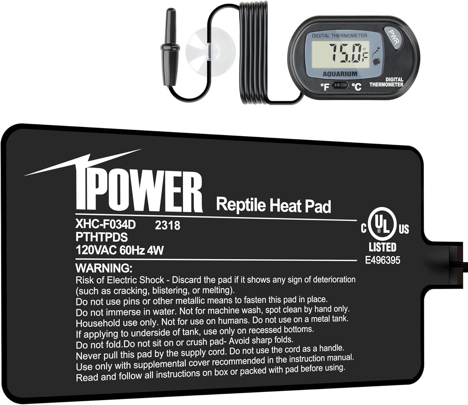iPower 4 by 7-Inch 4W Reptile Heat Mat, LCD Digital Aquarium Thermometer, Under Tank Warmer Terrarium Heat Pad for Turtles Lizards Frogs and Other Small Animals, Multi Sizes