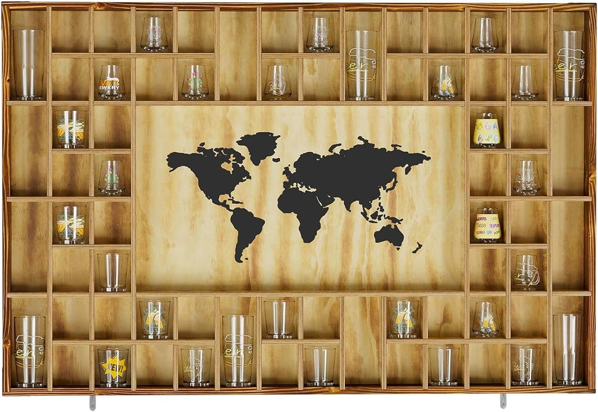 68 Large World Map Shot Glass Display Case Rustic Shot Glass Holder 37x 24.4in Brown Wood Shelf for 2 Different Sizes Glasses Shelf Wall Mount Storage Cabinet for Bar Home Kitchen