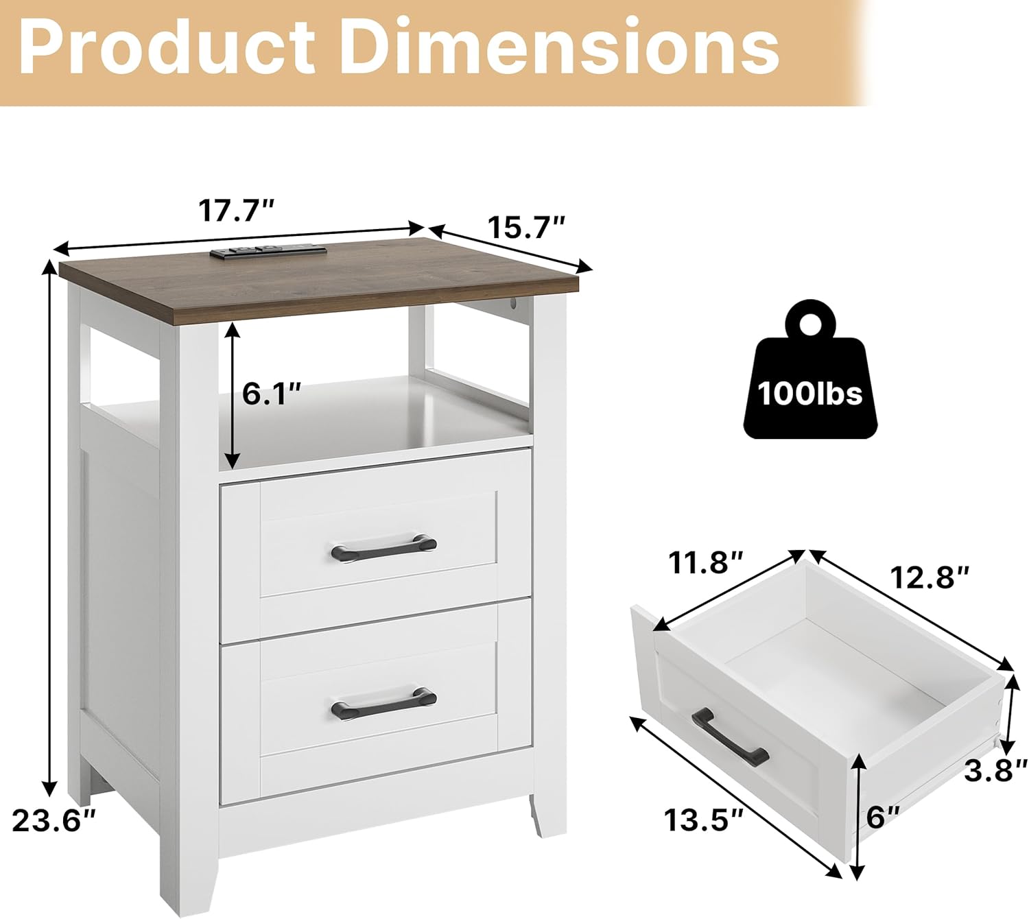 Decofy Farmhouse 2-Drawer Nightstand Set of 2 with Charging Station, White