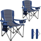 Oversized Padded High Back Camping Chairs,2 Pcs Heavy Duty Folding Chairs Support 500LBS with Cooler Bag,Cup Holder Cooler Bag, Collapsible Chairs for Outdoor, Tailgate, Fishing, Blue