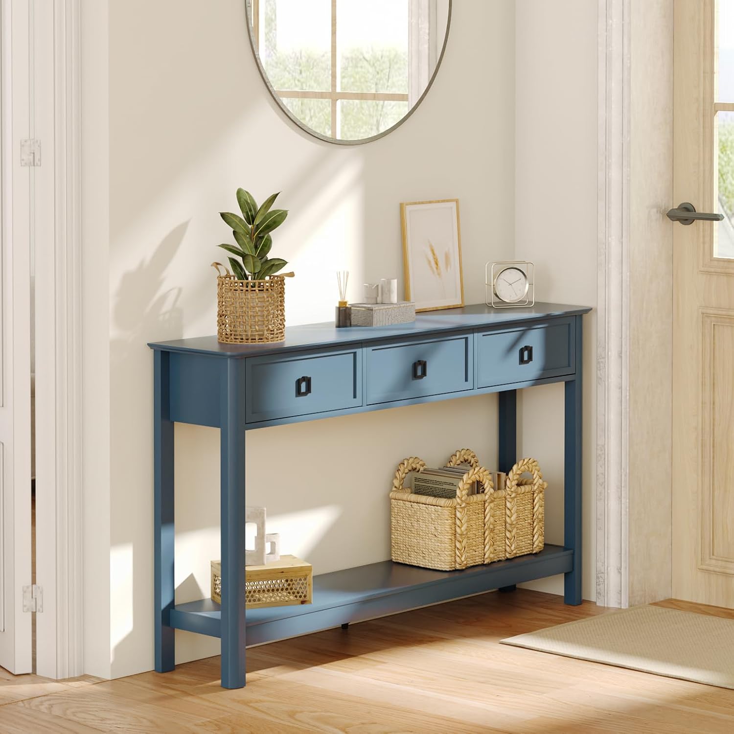 Treocho 53.1" Console Table with 3 Drawers, Sofa Table Behind Couch, 2 Tier | Long Entryway Table with Storage, Modern, For Hallway, Living Room, Blue