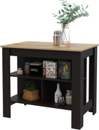 Kitchen Island with Three Concealed Shelves, Black, Light Oak | Modern kitchen island with three concealed shelves and ample storage space