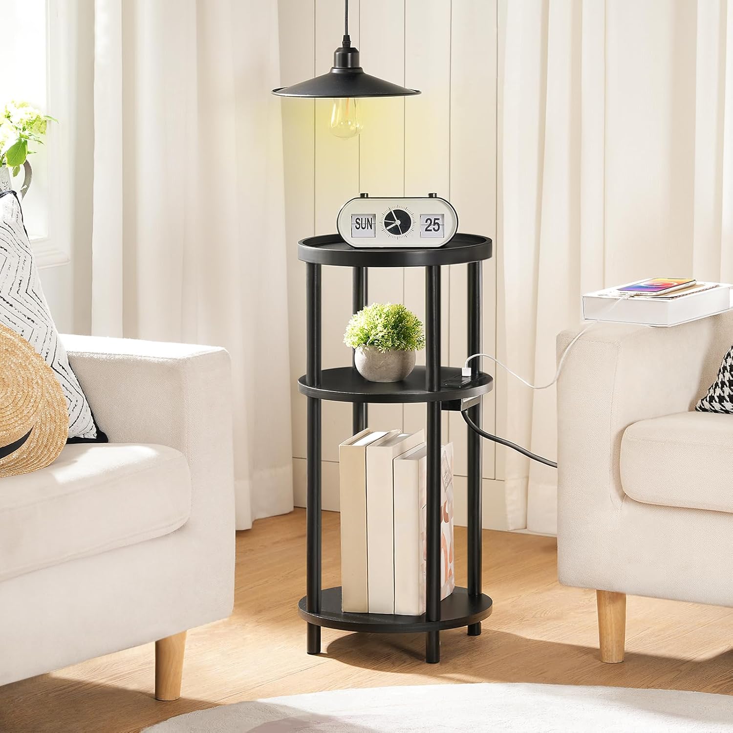 HOOBRO Small Round Side Table with Charging Station, 3-Tier Round Bamboo End Table, Compact Sofa Bedside Table for Small Space, Easy Assembly, for Living Room, Bedroom, Apartment, Black BB152UBZ01