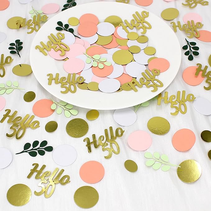 300PC 50TH Birthday Confetti for Table Pink and Sage Green Happy 50TH Birthday Decorations for Women Dots Hello 50 Confetti Scatters Fifty and Fabulous Party Decor Supplies