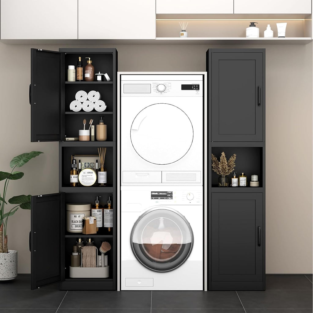 67" Tall Narrow Bathroom Storage Cabinet, Slim Metal Cabinet with Doors and Adjustable Shelves, Freestanding Pantry Organizer for Small Spaces, Bathroom, Kitchen, Laundry Room, Living Room, Black