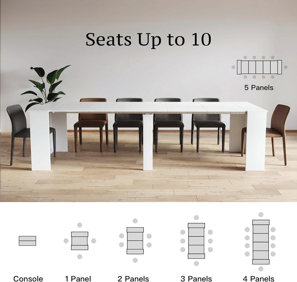 Transformer Table Expandable Dining Table - Modern White Rectangular Furniture, Up to 118.50 in for 6-10 People with Space Saving Design for Dining Area Family Gathering