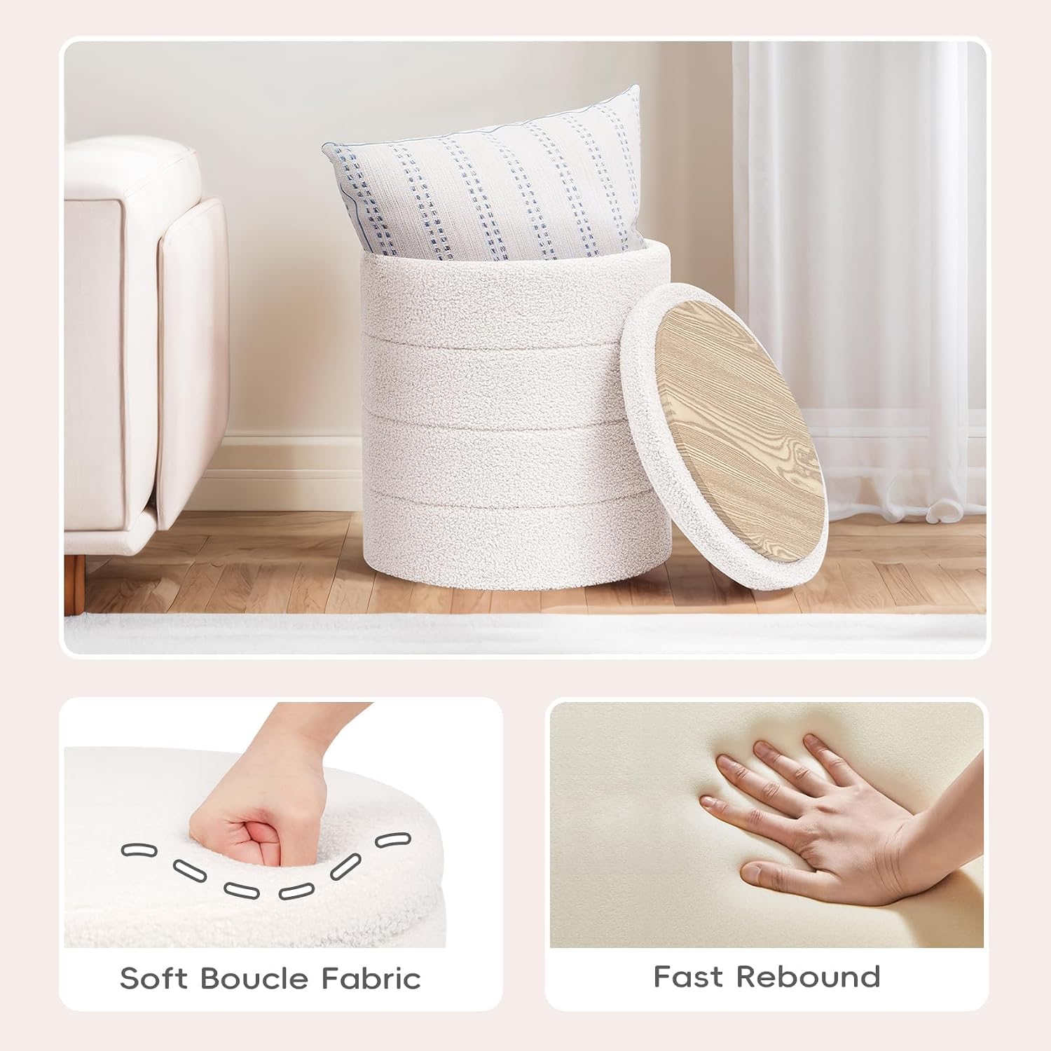 PINPLUS Round Storage Ottoman Foot Rest Stool with Tray Velvet Sherpa Folding Storage Ottoman,Boucle Foot Rest for Living Room, Bedroom, Dorm（Cream White）