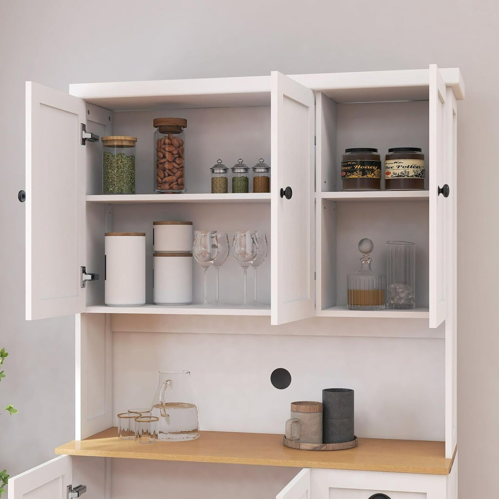 71" Kitchen Pantry Storage Cabinet with Microwave Shelf, Modern Freestanding Hutch with Adjustable Shelves, 6 Doors and Drawer, Wood Countertop for Kitchen, Dining Room, White