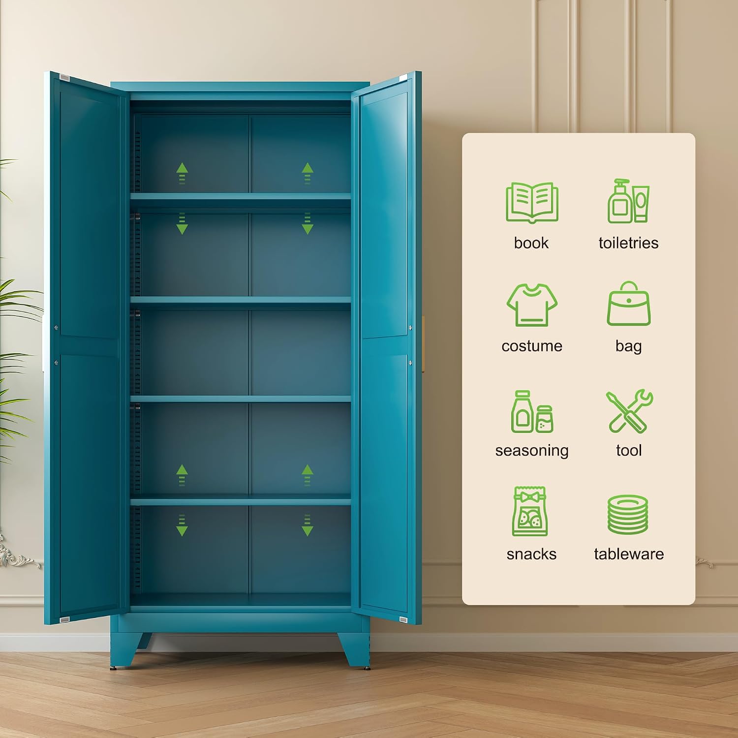 Washsemba 71'' Farmhouse Metal Storage Cabinet with Barn Doors,Steel File Cabinet for Home Office,Kitchen Pantry 4 Adjustable Shelves,Freestanding Cupboard for Kitchen,Home Office (Peacock Blue)