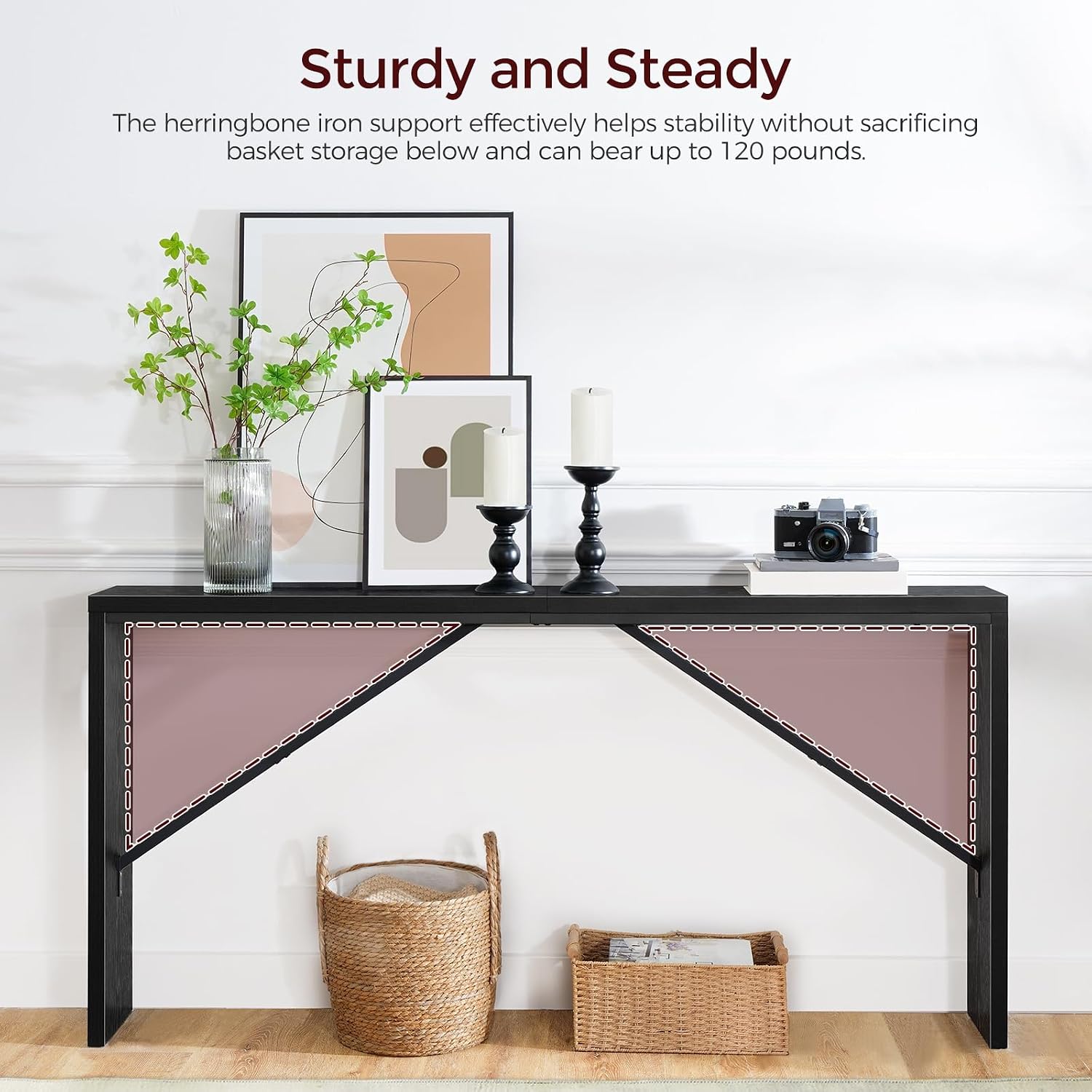 MAHANCRIS Console Table, 62.2" Long Sofa Table Behind Couch, Narrow Entryway Table, Farmhouse Dining Table with Angled Metal Frame, Industrial Console Table for Entryway, Black CTHB15801