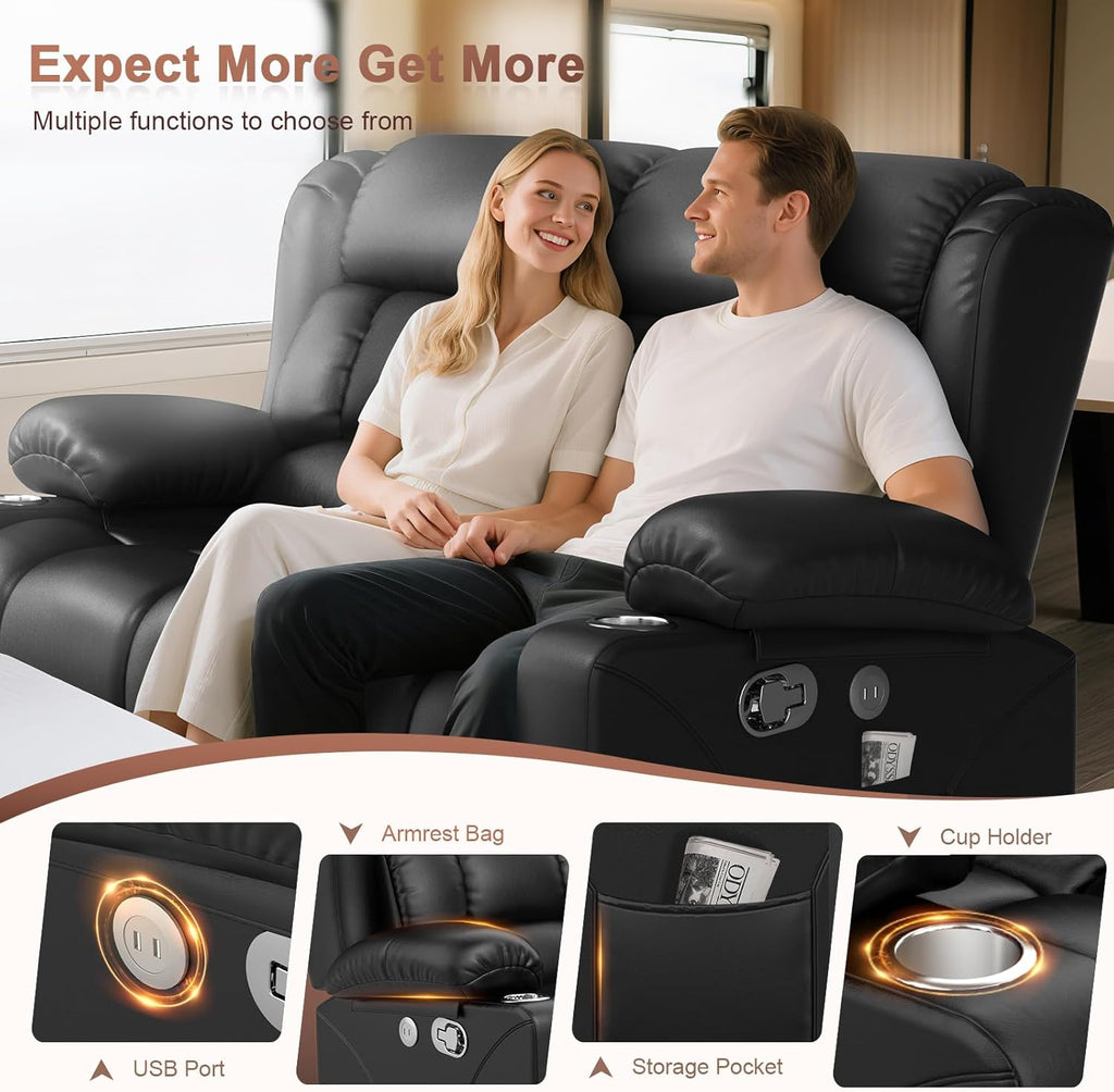 RV Loveseat Recliner Sofa, Reclining Loveseat Home Theater Seating with USB Ports, Cup Holders, Insert Pockets, Wall Hugger RV Recliners for Movie Room, Recline Movie Seats Gaming Sofa