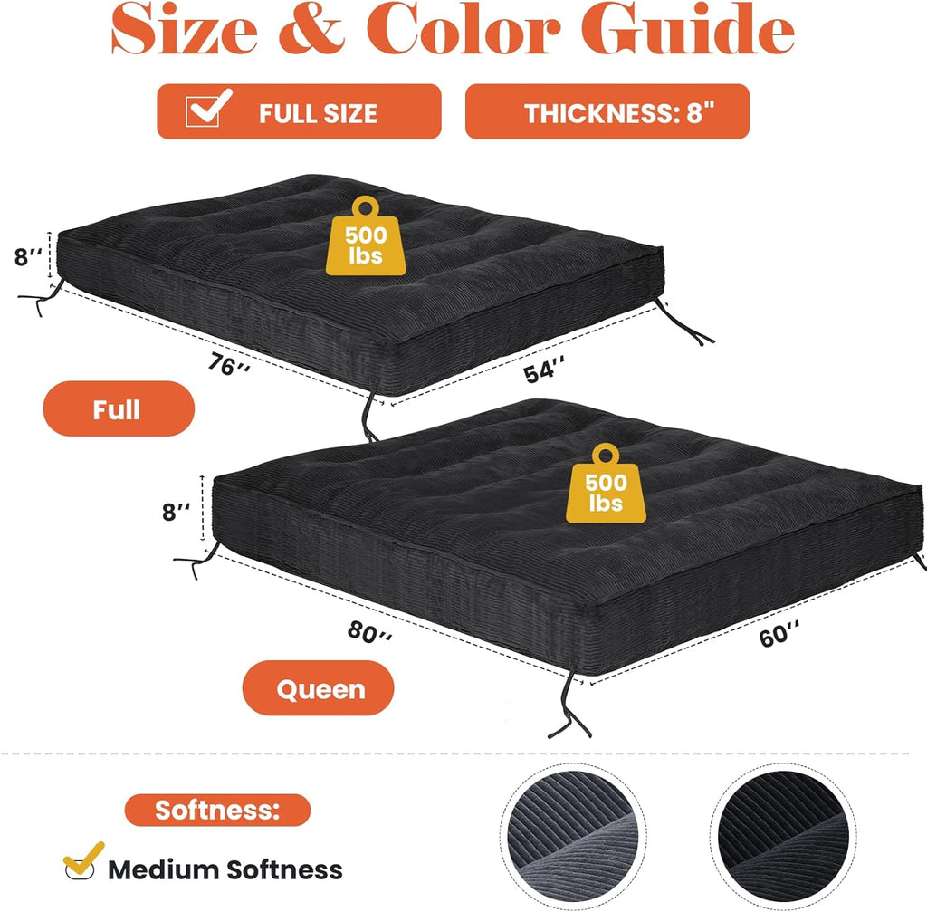 8" Futon Mattress Full Size, Futons Sofa Bed Sleeper Couch Bed, Roll Up Mattress with Shredded Foam & 2 Straps for Storage, Futon Floor Mattress for Living Room, Corduroy (Frame Not Included)