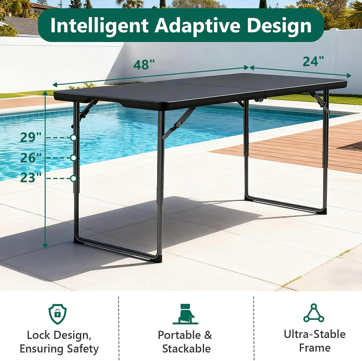 2 Pack 4ft Folding Table, Foldable Plastic Portable Picnic Table, Black | Large Surface Half-fold design with carry handle for Indoors/Outdoors Use Support up to 300 lbs Easy Setup & Waterproof