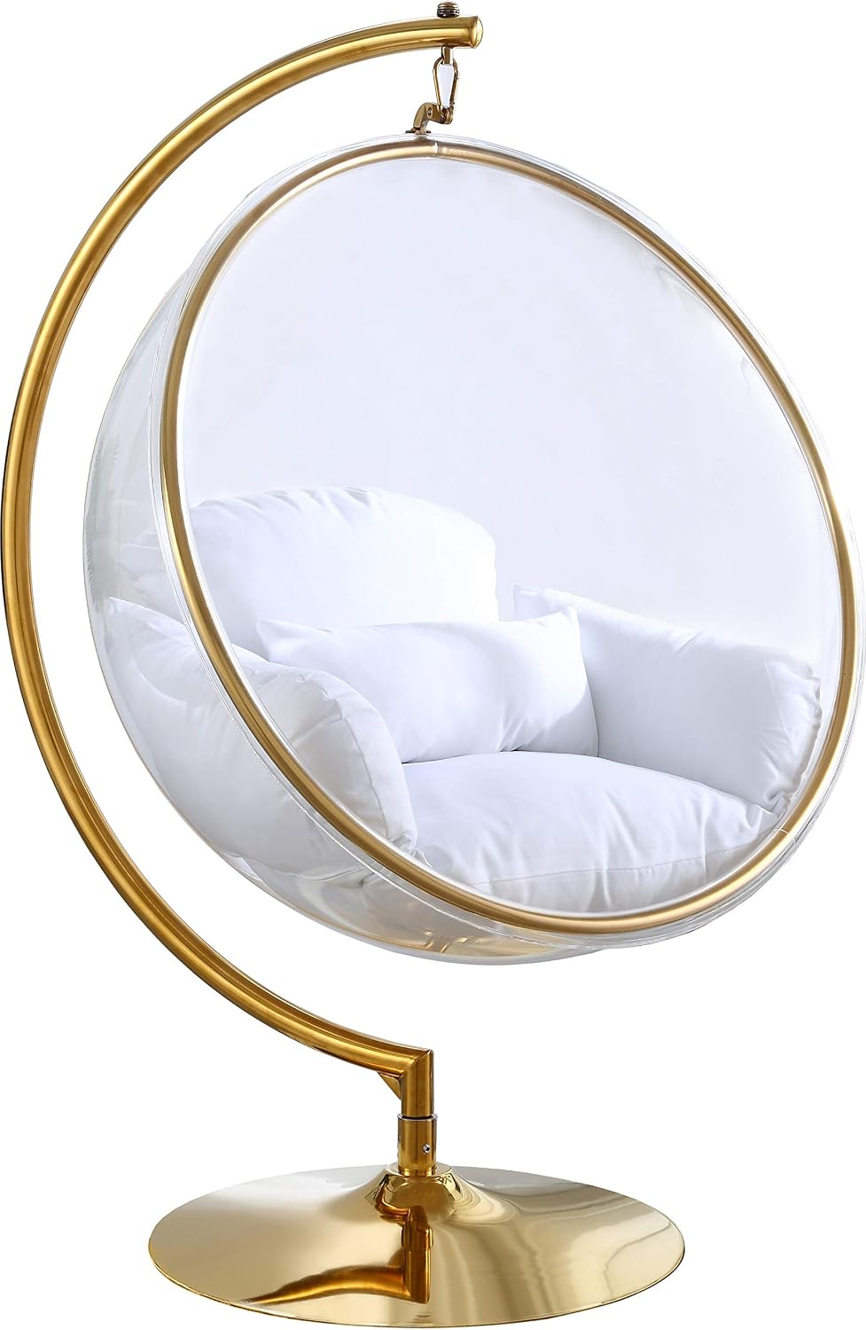 Meridian Furniture Luna Collection Modern | Contemporary Clear Acrylic Accent Swing Chair with Gold Metal Base and Durable Fabric Seat, 41.5" W x 29.5" D x 64" H, White