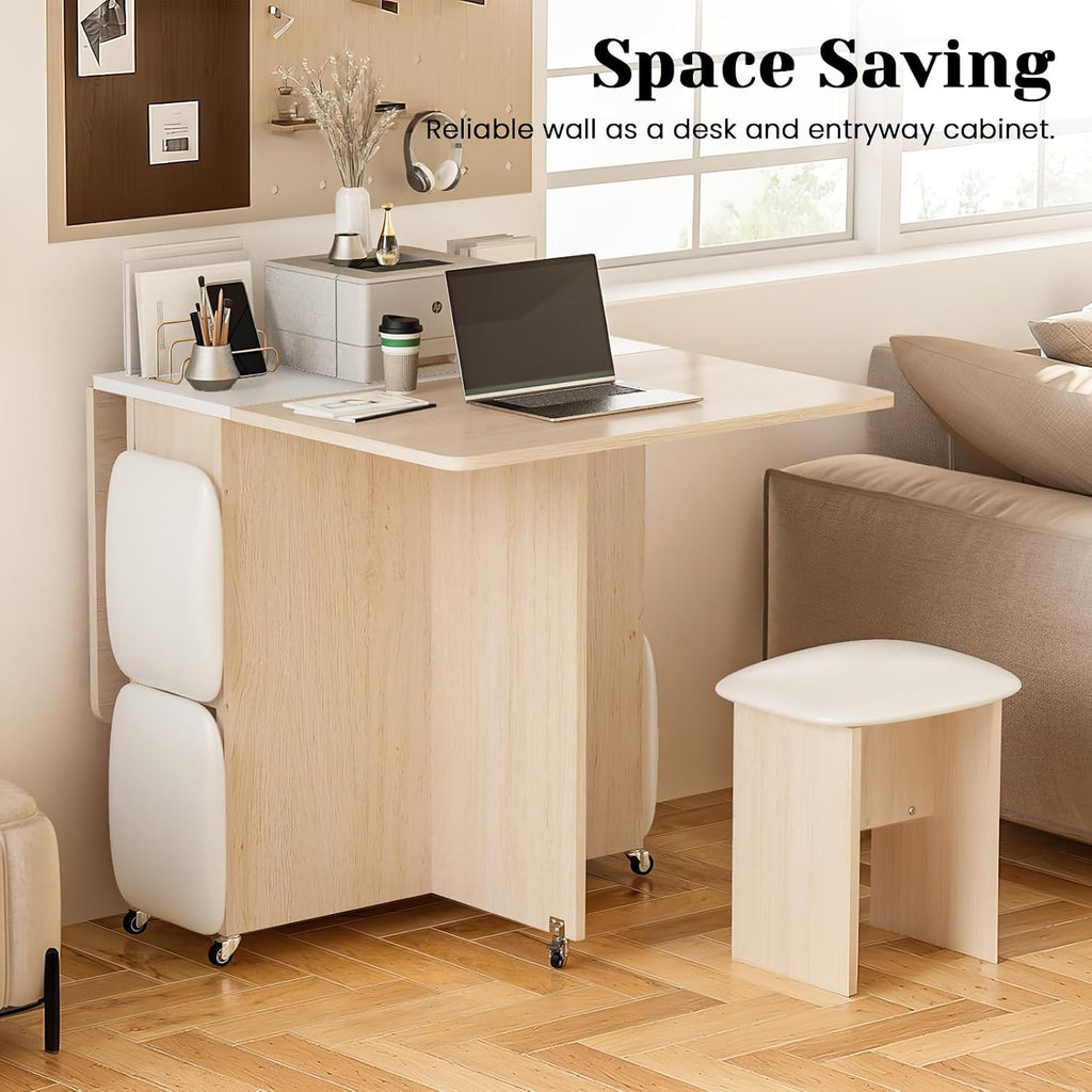 AWQM Folding Dining Table Set, Storage Folding Table & Chair, Beige White | Dining Table Set for 4, Storage Folding Table & with 4 Leather Chair, Space Saving,For Kitchen & Apartment, MDF & Metal Frame