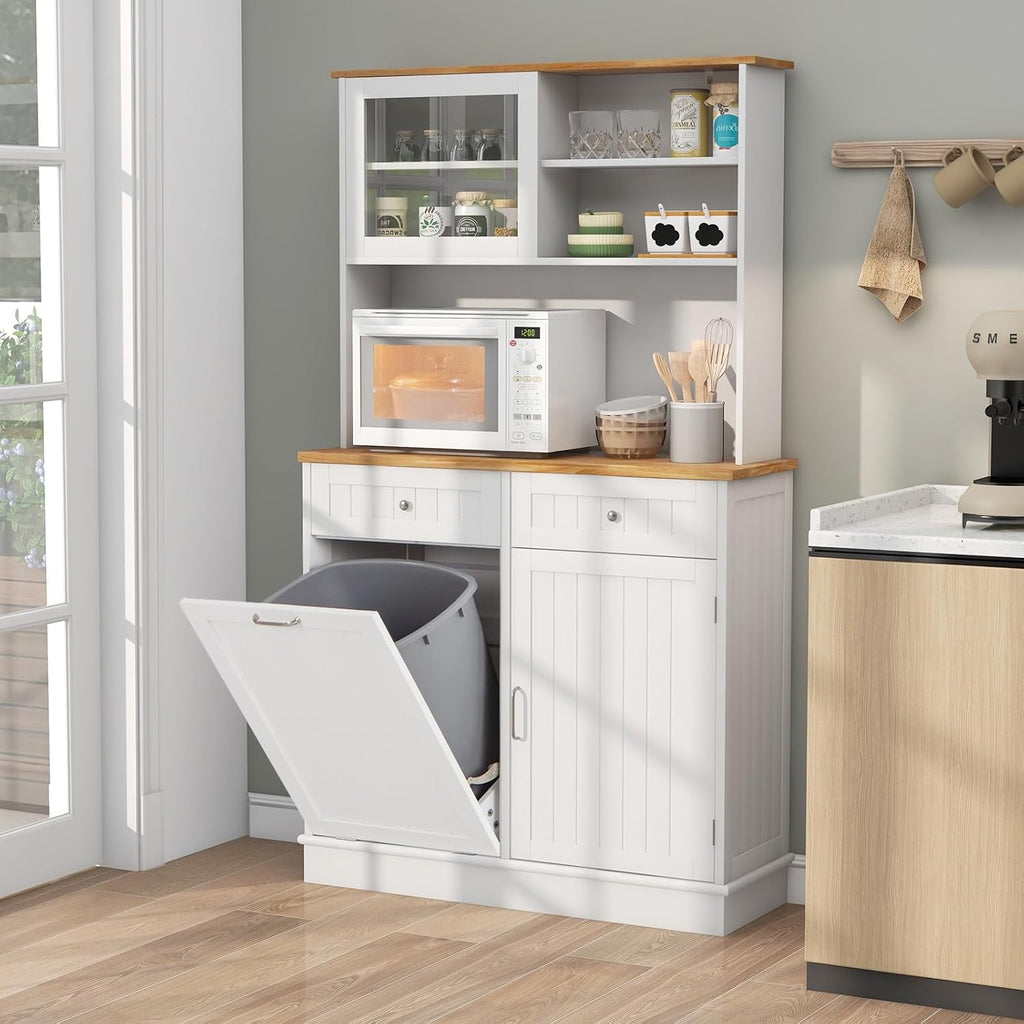 68" Tall Kitchen Pantry Cabinet, Freestanding Kitchen Hutch w/Tilt Out Trash Can Cabinet, Microwave Countertop, Sliding Glass Door, Wooden Dining Room Cupboard