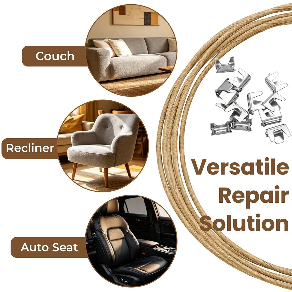 SOUJOY 131ft Upholstery Stay Wire for Sofa Furniture Springs, Paper Wrapped Wire 9 Gauge with 80 Clips, Couch Spring Repair Kit