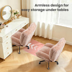 Wide Plush Comfy Criss Cross Rolling Office Desk Chair for Women Pink | 7.09" Thick Cushion, 90-130° Rocking, Height Adjustable, Swivel, Oversized Fabric Reading Chair for Living Room Bedroom