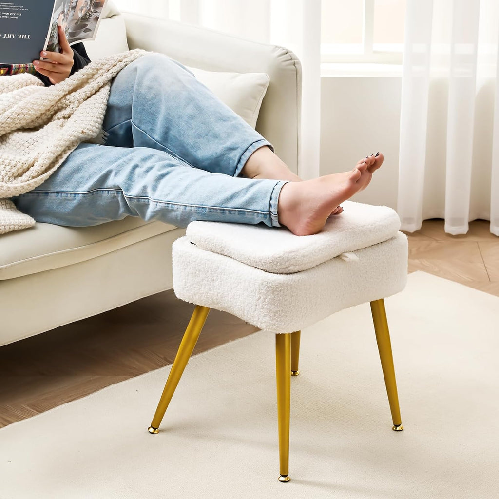 Small Vanity Chair with Storage & Folding Backrest, White | Sherpa Vanity Chair with 8L Hidden Storage and Folding Backrest. Measures 15"D x 13"W x 17"H; Holds Up to 300 lbs
