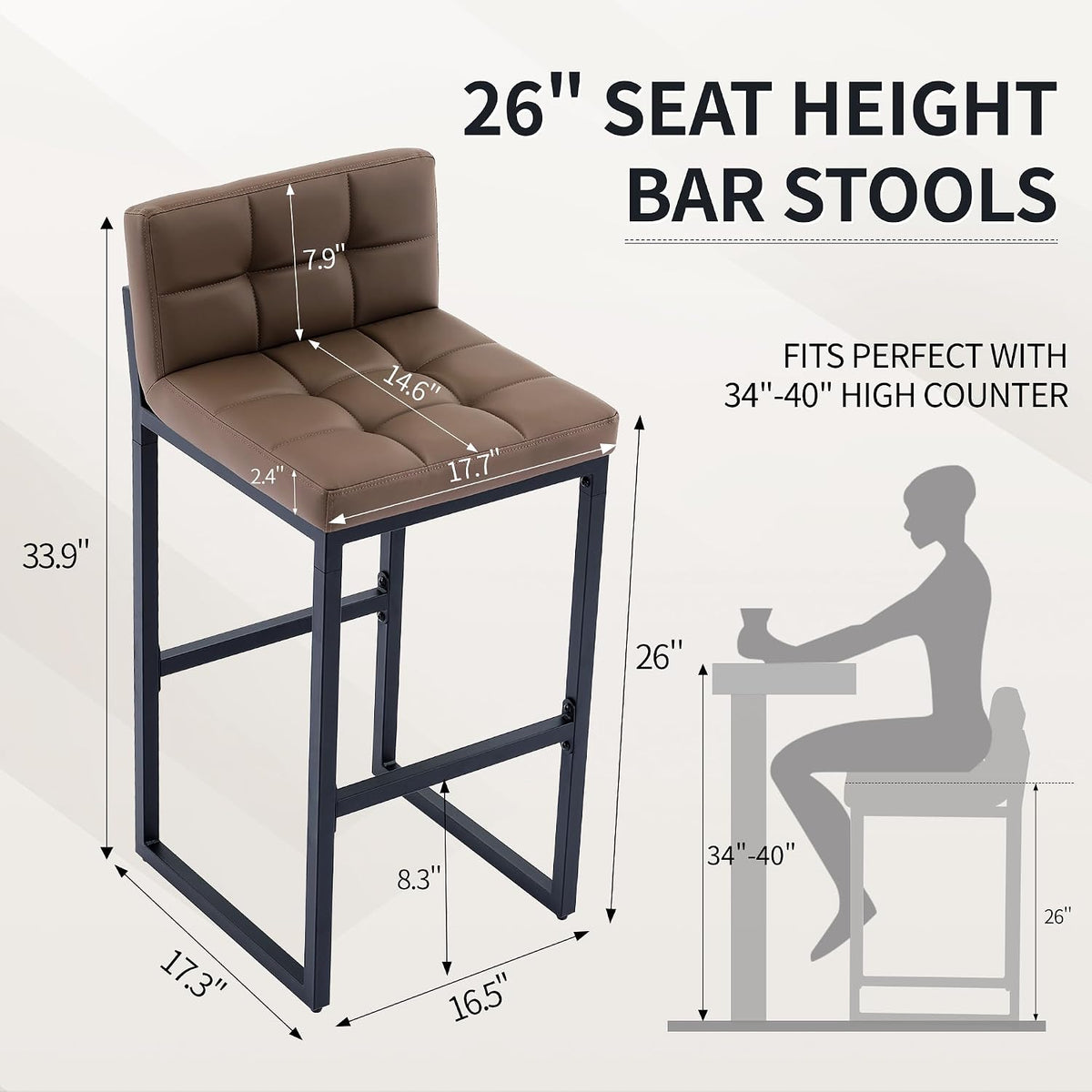 FIRAVOE Bar Stools Set of 3, Upholstered PU Leather Counter Height Barstools with Low Back and Thickened Metal Legs, Modern Chairs for Kitchen Island, Bar (Coffee Brown, 3Pcs 26" Counter Stools)