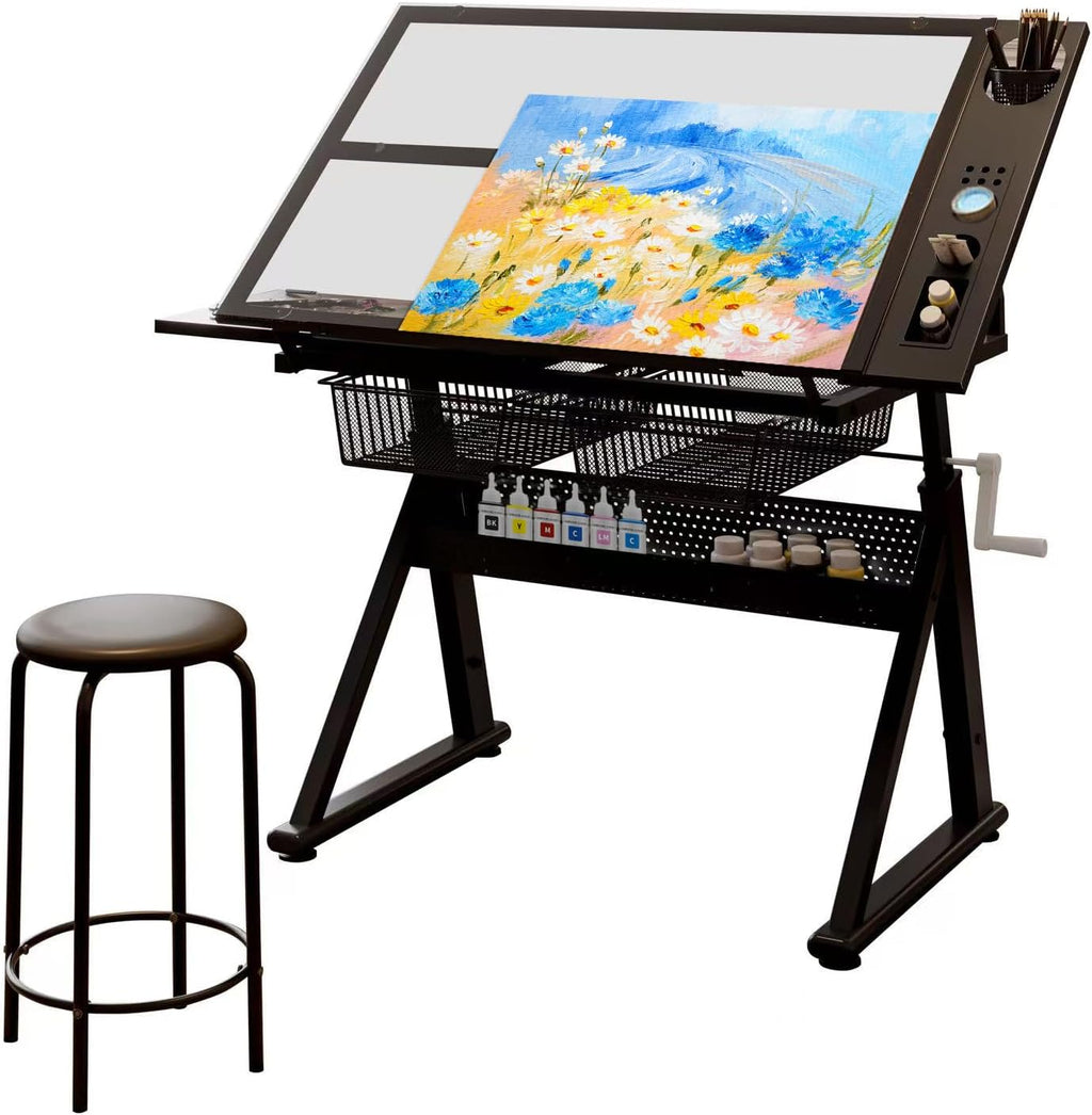 Adjustable Drawing Table for Artists | Drafting Desk with Tilted Glass Top | Art & Craft Table for Adults (Black, Smart Upgrade-29.52’’- 37.8'' H)