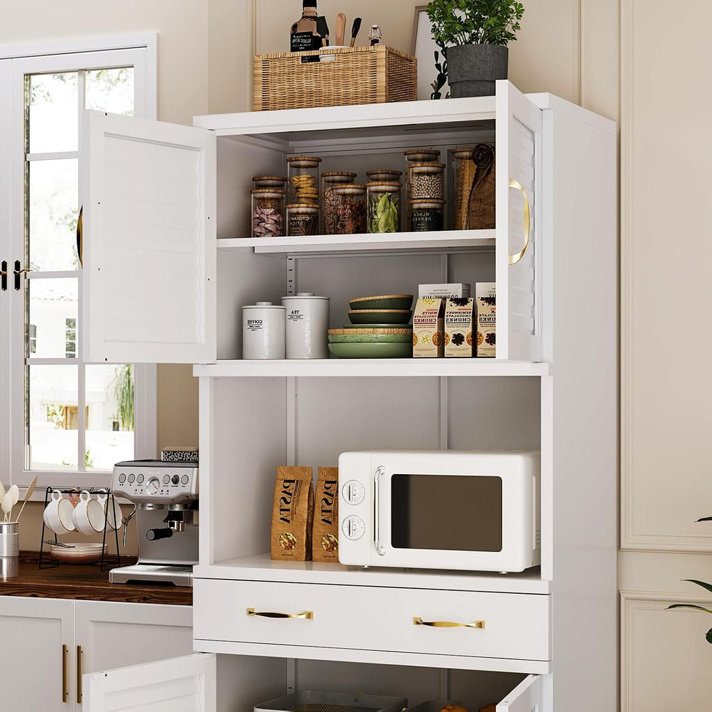 Tall Metal Pantry Cabinet with countertop & Drawer | Elegant Louvered Door Design with Modern Appeal,120 lb Adjustable Shelves with Steel Durability