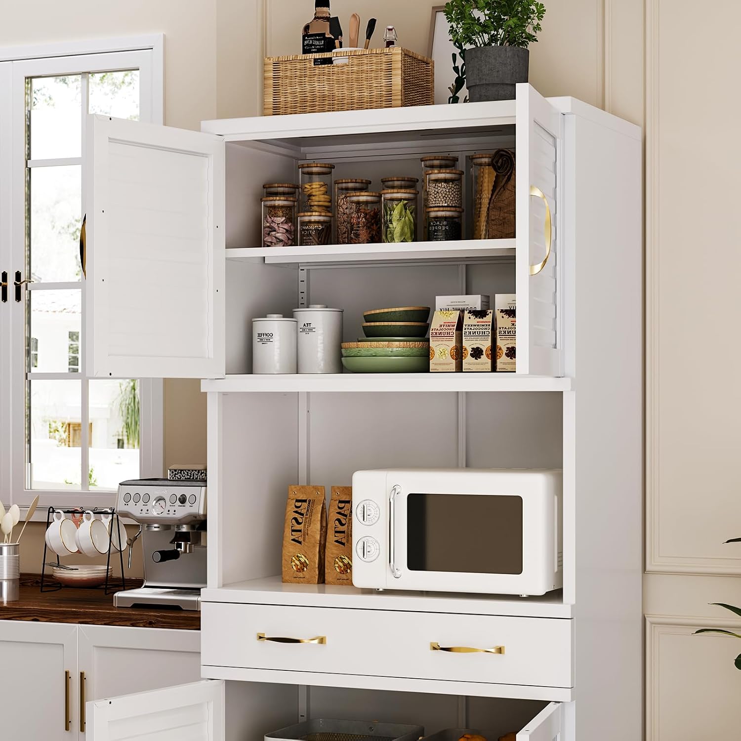 Tall Metal Pantry Cabinet with countertop & Drawer | Elegant Louvered Door Design with Modern Appeal,120 lb Adjustable Shelves with Steel Durability