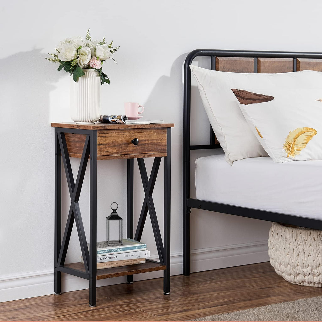 VECELO Tall Nightstand,27.6 inch Wooden End Table with Metal X-Frame,Side Table with Drawer and Storage Shelf for Living Room Bedroom Entryway Small Spaces
