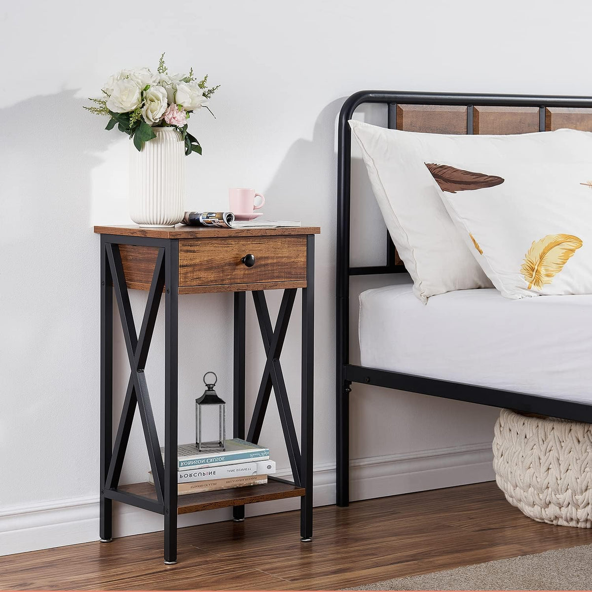 VECELO Tall Nightstand,27.6 inch Wooden End Table with Metal X-Frame,Side Table with Drawer and Storage Shelf for Living Room Bedroom Entryway Small Spaces