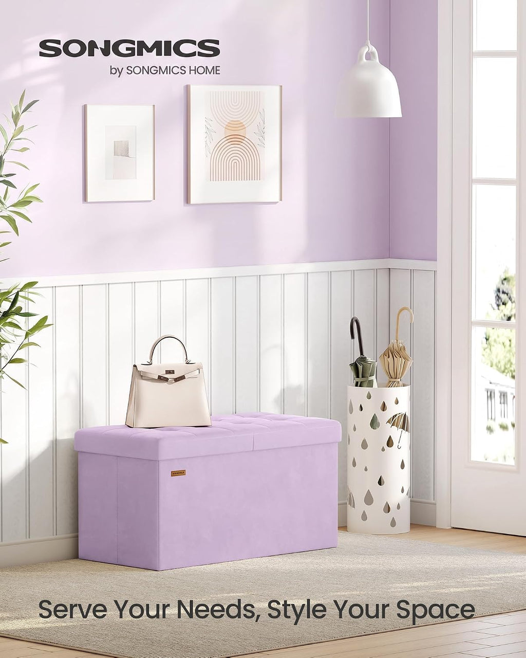 SONGMICS Foldable Storage Ottoman with Flipping Lid, 30 Inch Velvet Bench | Coffee Table, Folding Storage Bench for Bedroom, Entryway Shoe Bench, Hibiscus Purple, ISLAND Collection ULSF048PE01