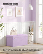 SONGMICS Foldable Storage Ottoman with Flipping Lid, 30 Inch Velvet Bench | Coffee Table, Folding Storage Bench for Bedroom, Entryway Shoe Bench, Hibiscus Purple, ISLAND Collection ULSF048PE01