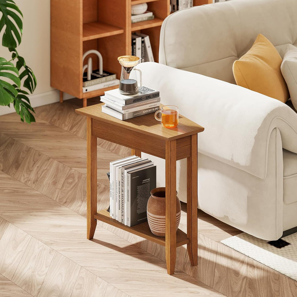Giantex Wedge End Table, Triangle Side Table with Storage Shelf and Solid Wood Legs, 24.5" Tall Nightstand, Modern Narrow Accent Recliner Table for Small Space Living Room, Walnut