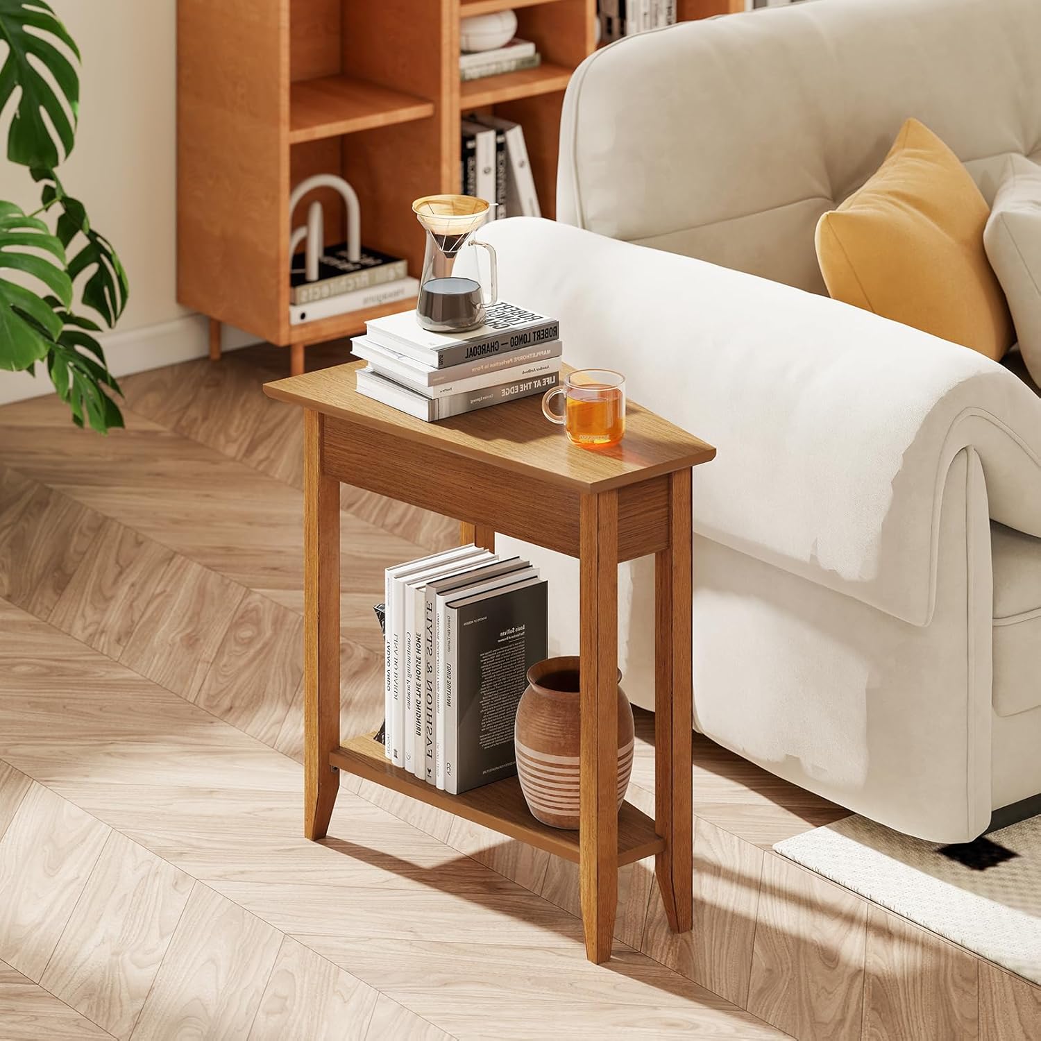 Giantex Wedge End Table, Triangle Side Table with Storage Shelf and Solid Wood Legs, 24.5" Tall Nightstand, Modern Narrow Accent Recliner Table for Small Space Living Room, Walnut