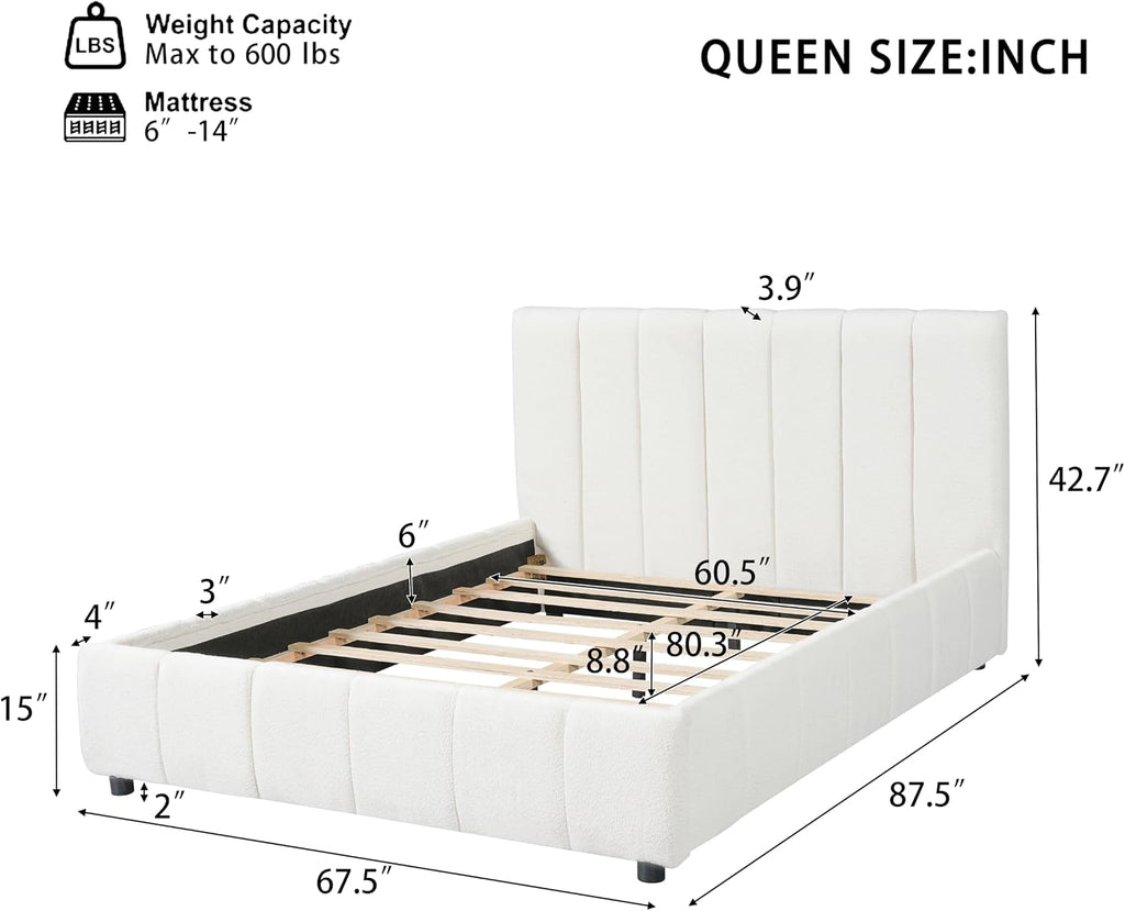 Merax Boucle Upholstered Queen Bed Frame with 42.7" High Headboard & 3.9" Thick, Vertical Stripe Tufting Design, Modern Queen Size Platform Bed, Solid Wood Support Leg, Bear 600Lbs, Off White