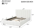 Merax Boucle Upholstered Queen Bed Frame with 42.7" High Headboard & 3.9" Thick, Vertical Stripe Tufting Design, Modern Queen Size Platform Bed, Solid Wood Support Leg, Bear 600Lbs, Off White
