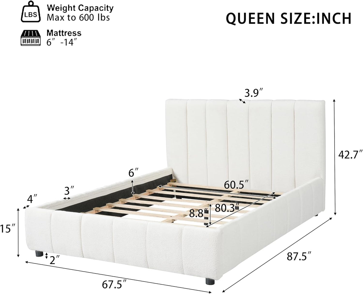 Merax Boucle Upholstered Queen Bed Frame with 42.7" High Headboard & 3.9" Thick, Vertical Stripe Tufting Design, Modern Queen Size Platform Bed, Solid Wood Support Leg, Bear 600Lbs, Off White