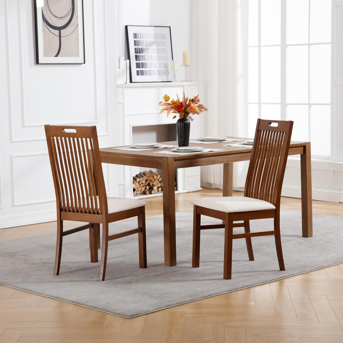 CIMOTA Walnut Wood Dining Chairs Set of 2, Farmhouse Wooden Kitchen Chairs with Spindle Slat High Back/Upholstered Seat Traditional Windsor Side Chairs for Dining Room/Living Room/Restaurant