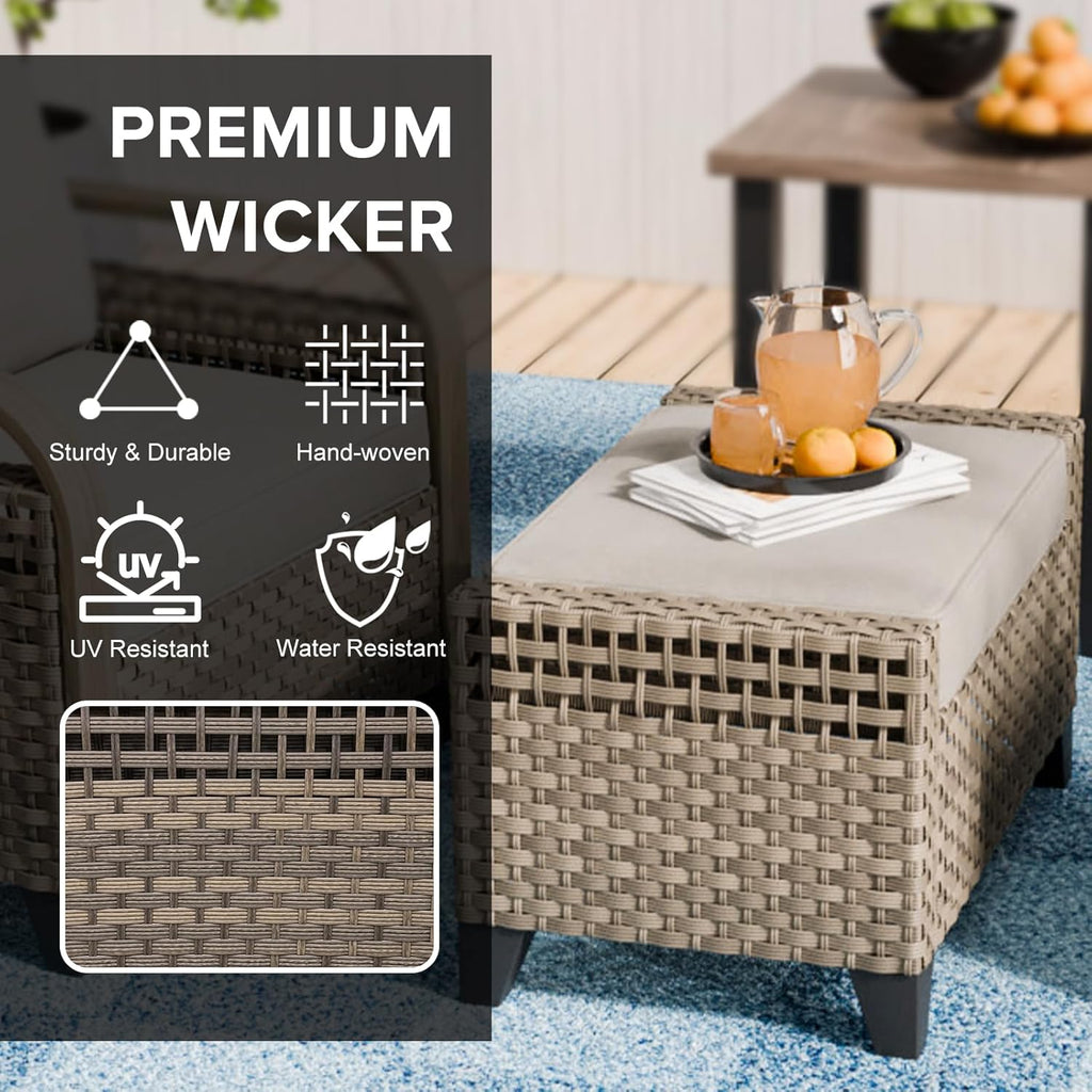 COOS BAY Modern 2 Piece Wicker Outdoor Ottomans, Patio Ottoman Foot Rest Set for Couch with Removable Cushions, 29.1" W x 18.1" D x 17.3" H, Brown/Gray