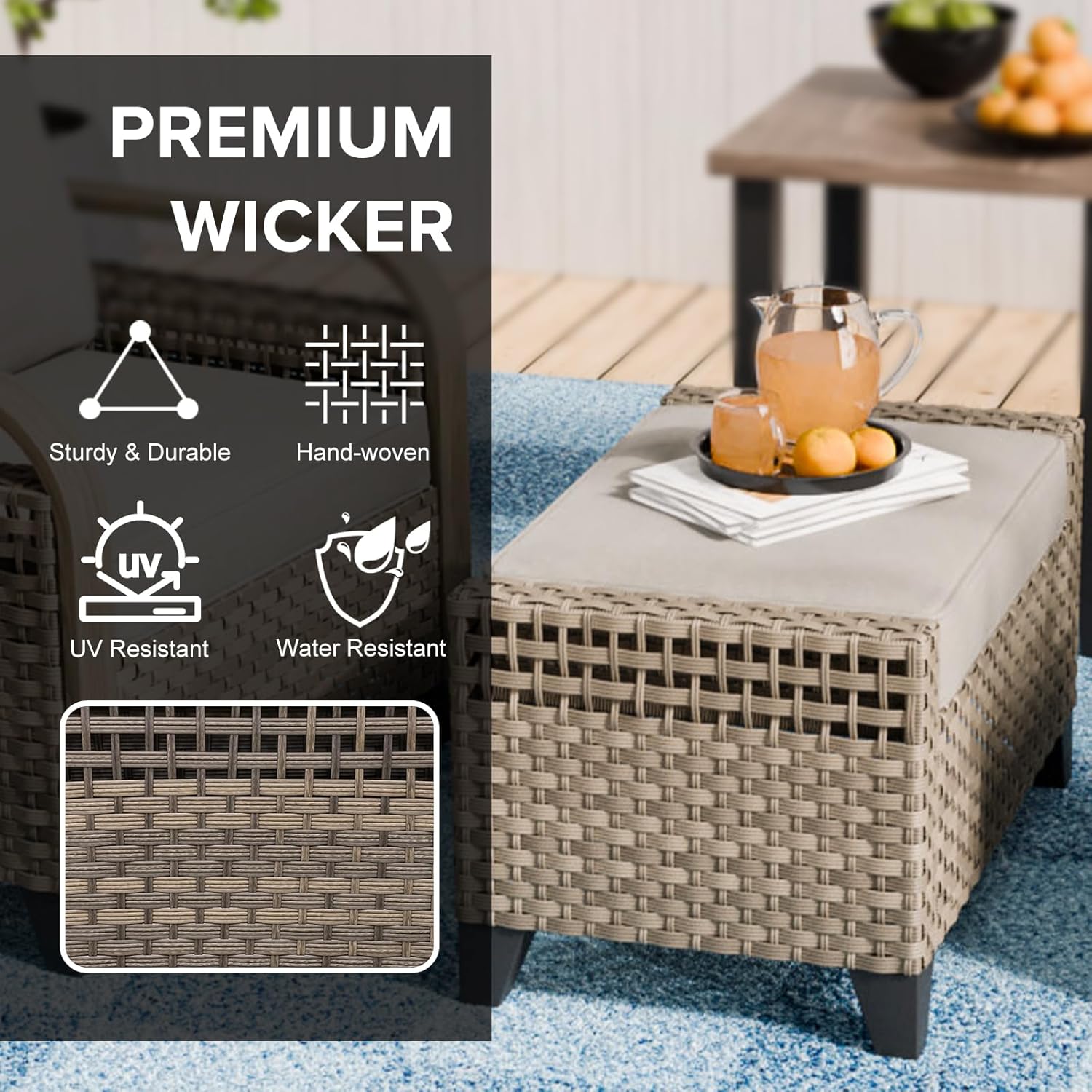 COOS BAY Modern 2 Piece Wicker Outdoor Ottomans, Patio Ottoman Foot Rest Set for Couch with Removable Cushions, 29.1" W x 18.1" D x 17.3" H, Brown/Gray