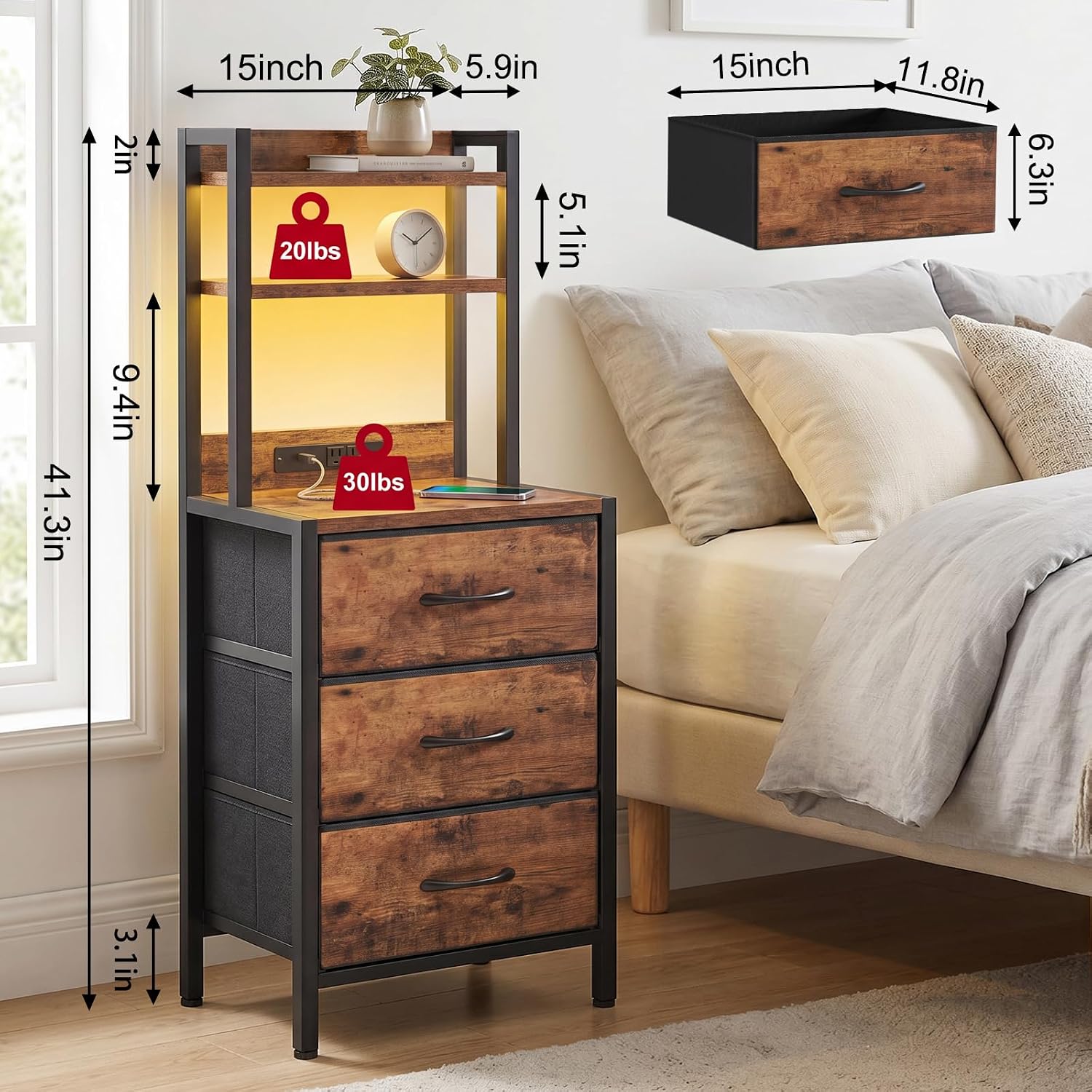 Fixwal 41 Inch Tall Nightstand with Charging Station, Led Night Stand with U-S-B Port & Socket, 3 PU Finished Fabric Storage Drawers, Office, Bedside Table & Bookshelf in One, Rustic Brown