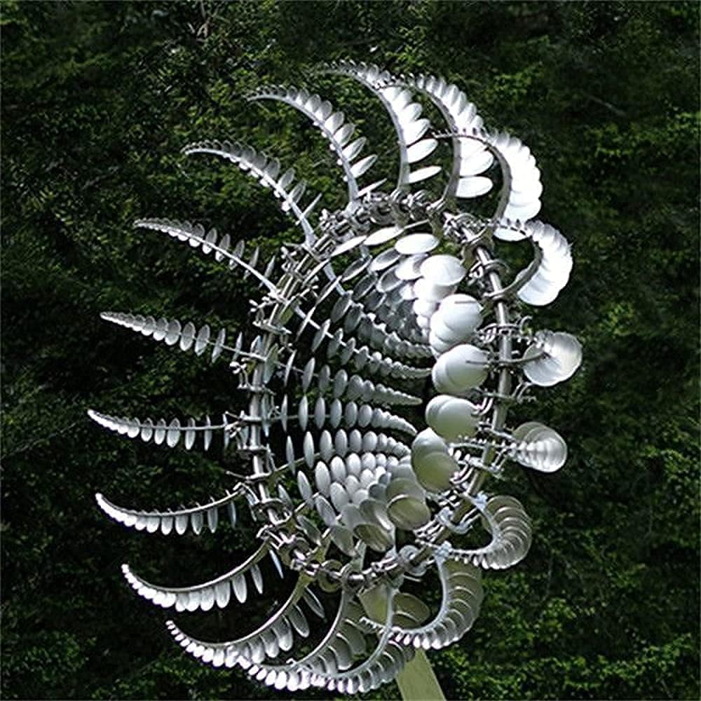 Magical Metal Windmill, Stainless Steel Windmill,Kinetic Metal Wind Spinners Garden Stake, 3D Wind Sculptures Move with The Wind Lawn Solar Wind Catcher Outdoor Patio Garden Decoration (SILVER-1PCS)