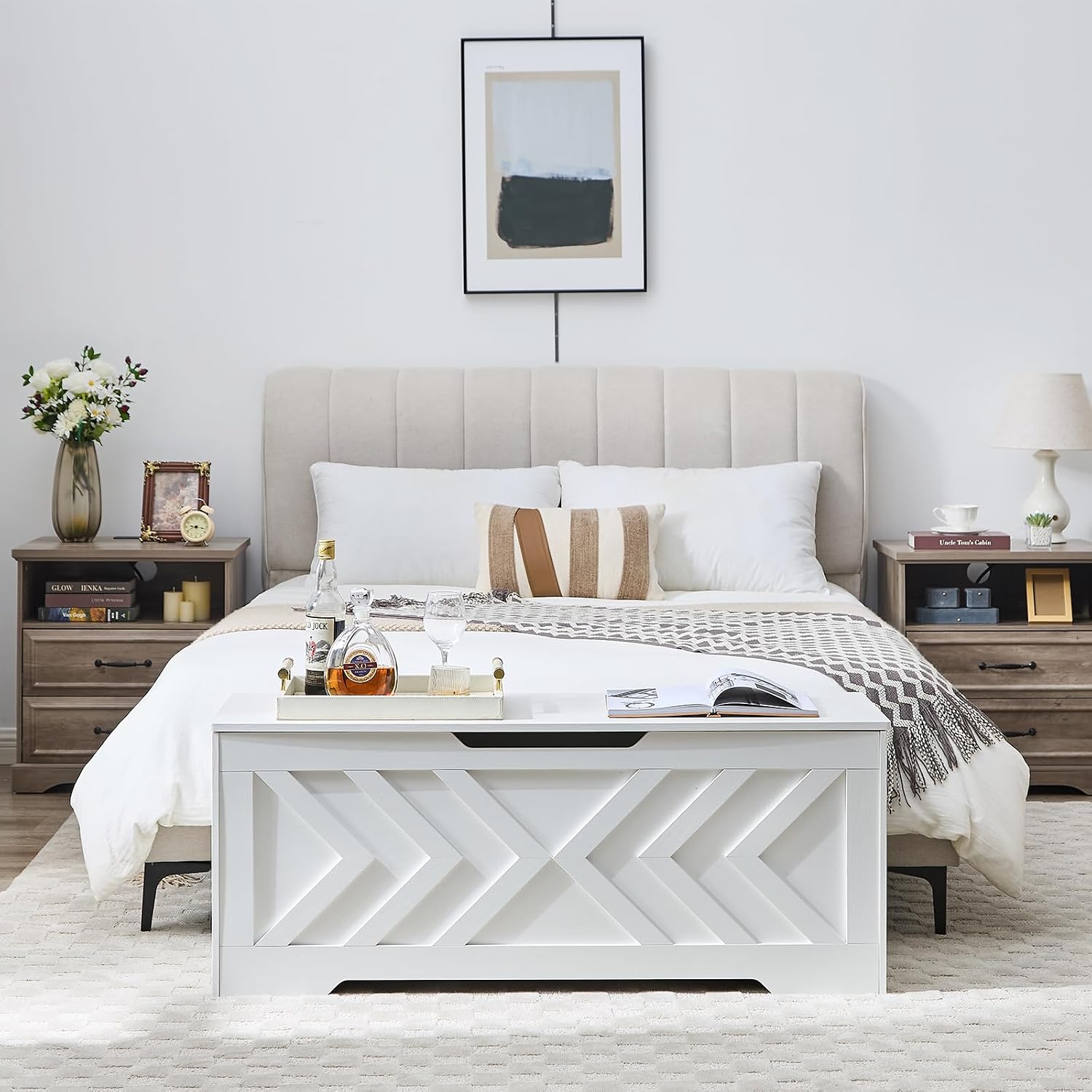 47.2” Storage Bench,Extra Large Wooden Storage Chest with 2 Safety Hinges,entryway Bench,Blanket Storage,Shoe Storage Bench for Entryway,Bedroom,Living Room,Easy Assembly. (White)
