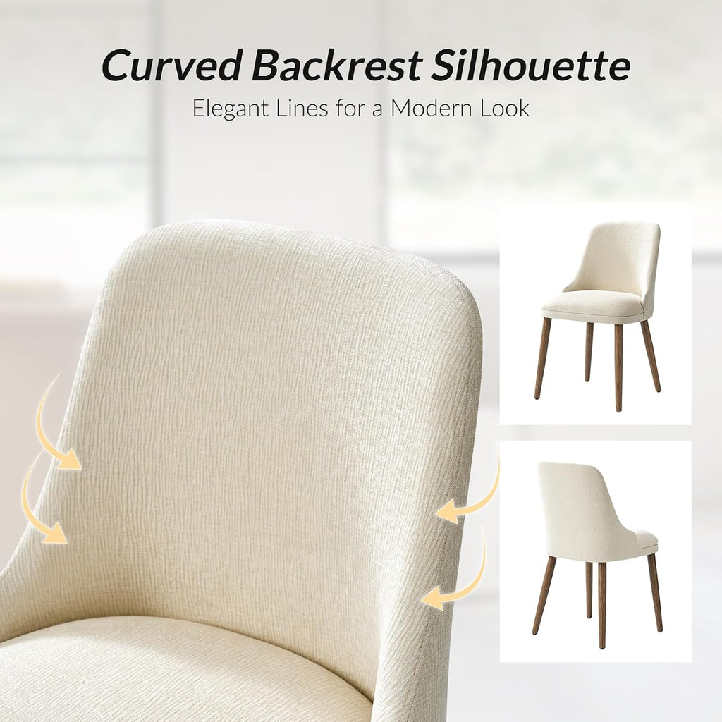 HULALA HOME Dining Chairs Set of 2, Ivory Fabric Upholstered Dining Room Chairs Set with Solid Wood Legs, Paded Back, Modern Kitchen Accent Chairs for Living Room Bedroom Reception