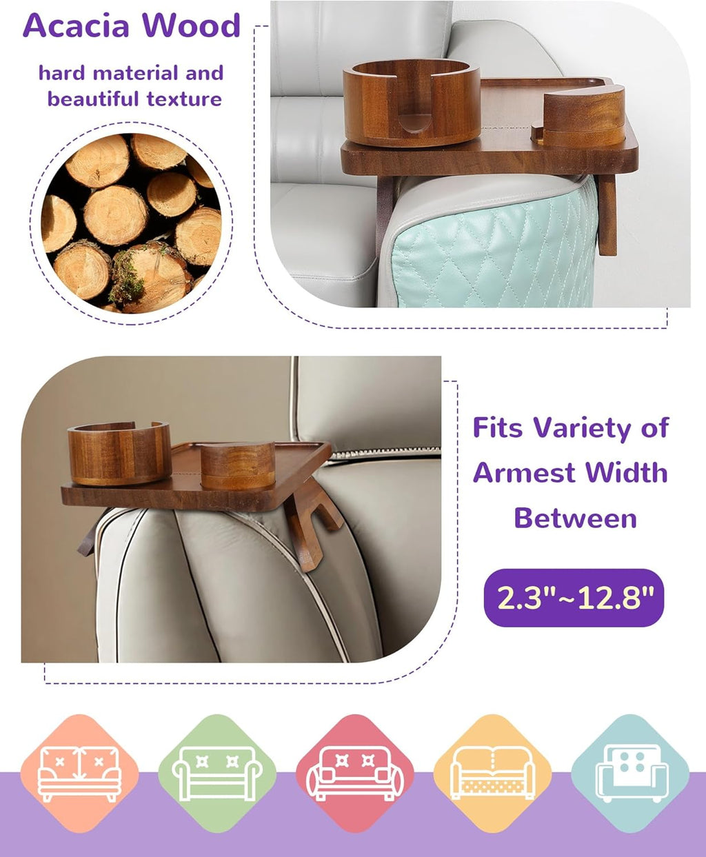 Couch Arm Tray Table with Oversized Cup Holder & Adjustable Phone Stand – Foldable Acacia Wood Sofa Armrest Clip Table for Wide Couches, Recliners, and Living Room Use