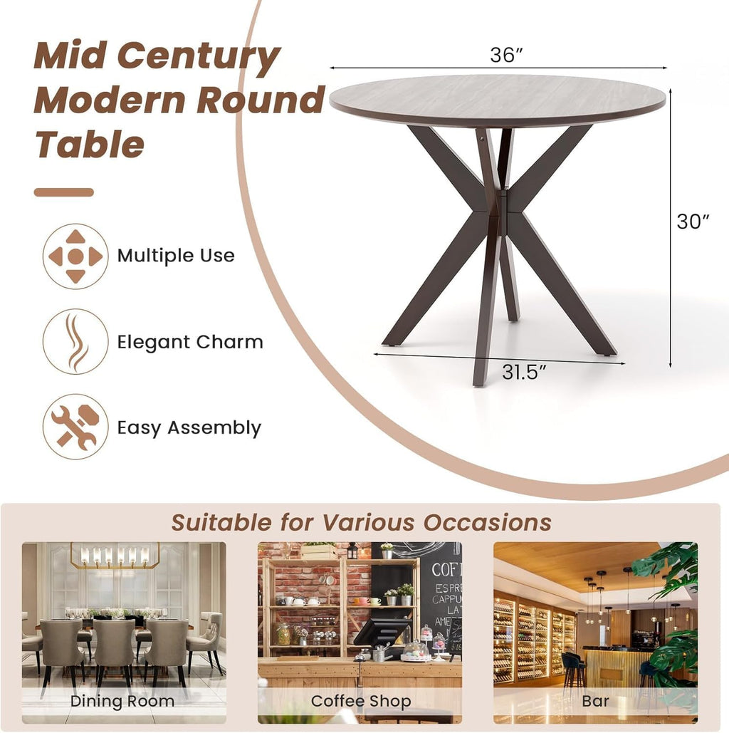 COSTWAY 36" Round Dining Table, Solid Wood Kitchen Table with Intersecting Pedestal Base and Adjustable Foot Pads for Home, Office, Small Space, Cafe, Bar
