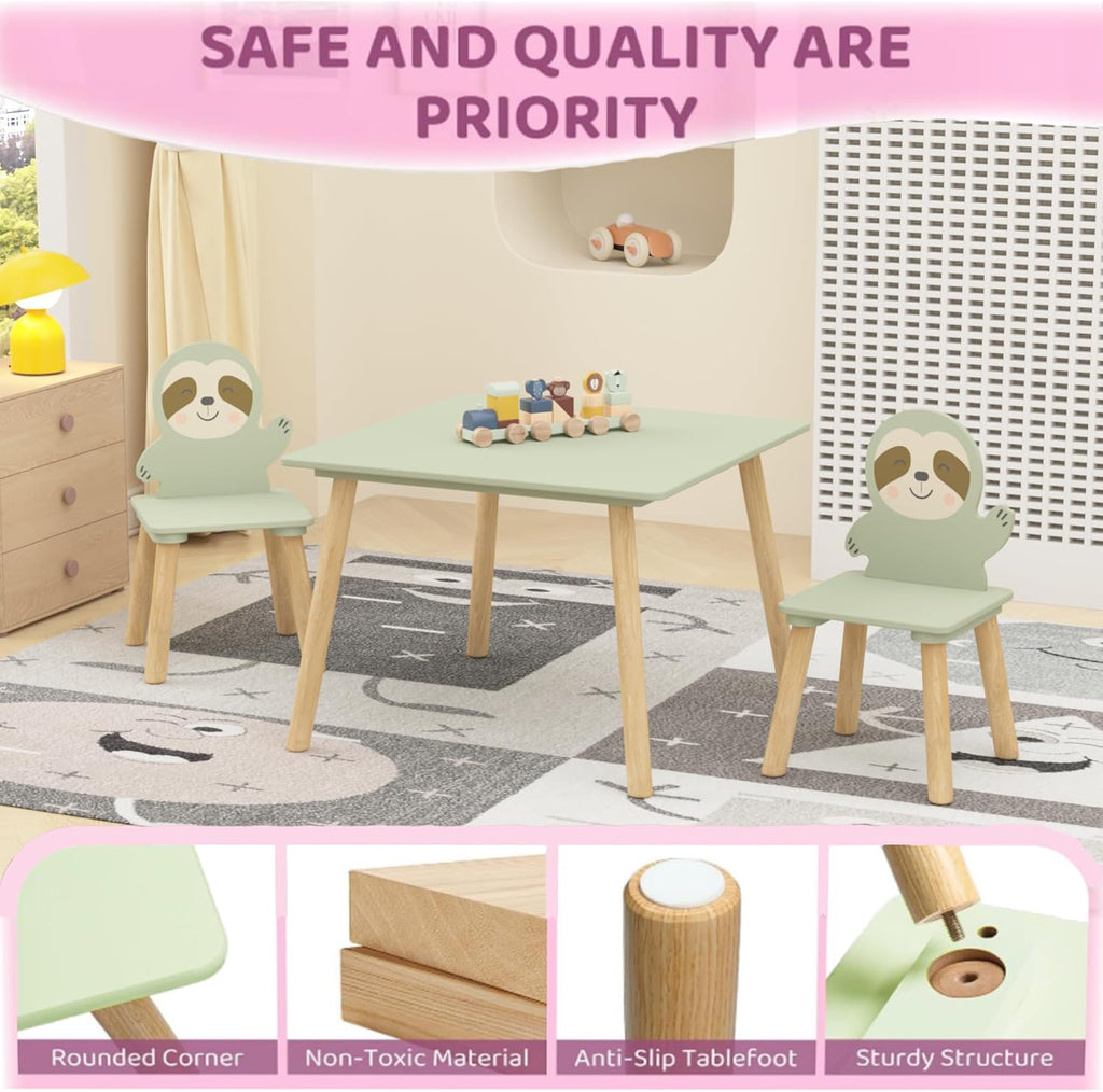 Kids Table and Chair Set with 2 Sloth Chairs 23.6" x 23.6" x 17.3" Solid Wood Table & Chairs in Sage Green & Natural Wood
